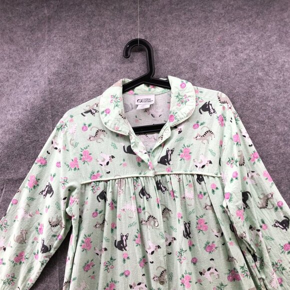 Cozee Corner Flannel Nightgown Womens L Cat Print Green Cat Lady Floral - Picture 3 of 8